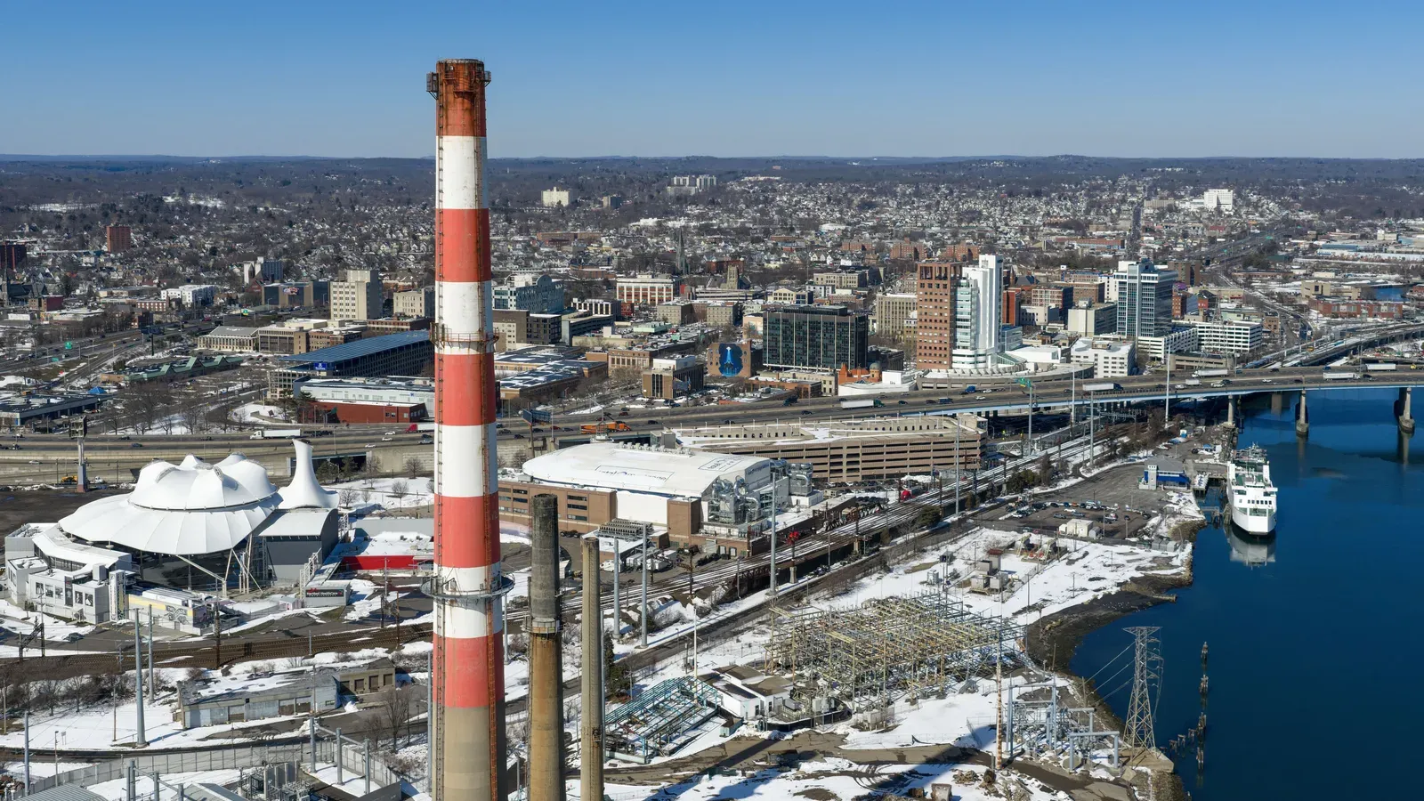 The downtown Bridgeport skyline along the harbor waterfront, Bridgeport, Connecticut