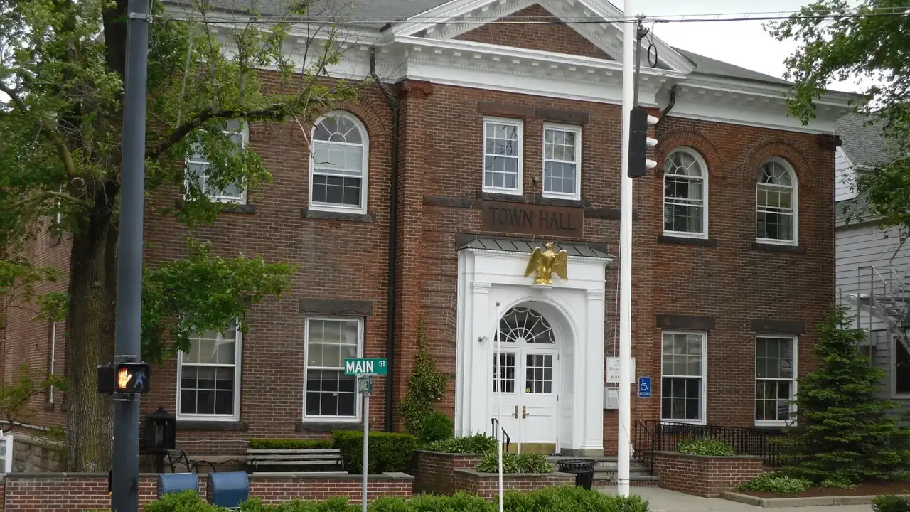 Ridgefield Town Hall, a brick Georgian building on Main Street, Ridgefield, Connecticut
