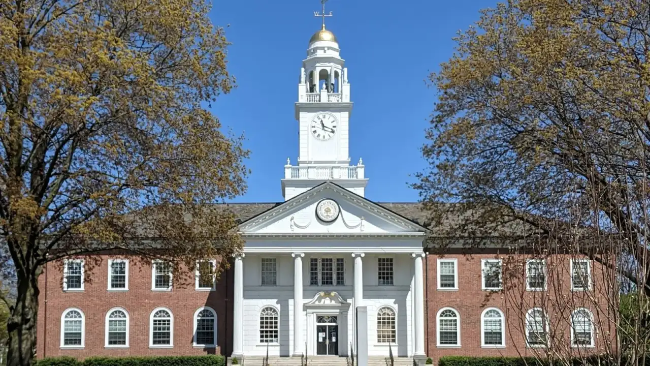Stratford Town Hall, a brick Georgian building with a gold-domed clock tower, Stratford, Connecticut