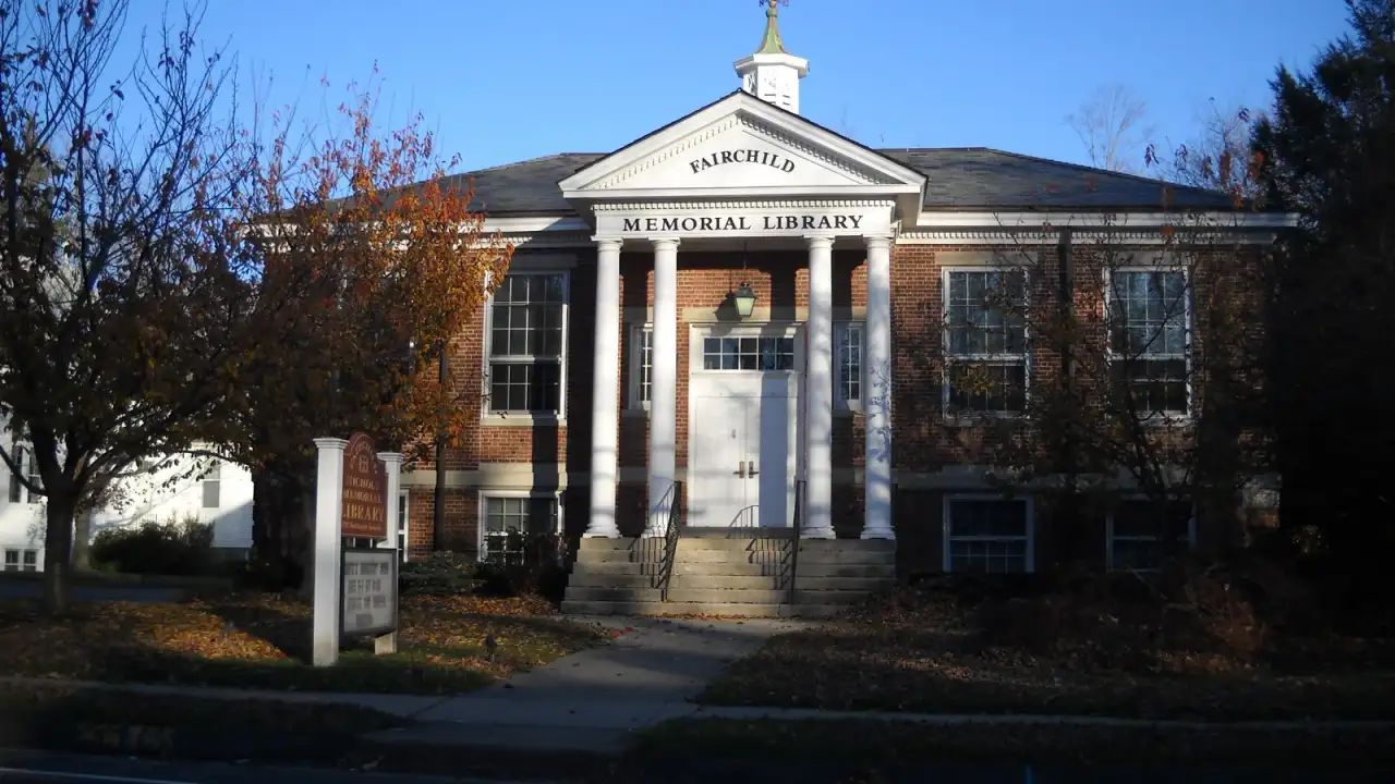 The Fairchild-Nichols Memorial Library, a columned brick building in the Nichols section of Trumbull, Connecticut