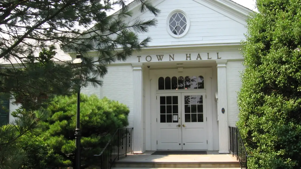 Weston Town Hall, a white clapboard Greek Revival building, Weston, Connecticut